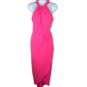 Julia Jordan Knot Halter Neck Faux Wrap Tulip Hem Midi Dress Neon Pink Size 6